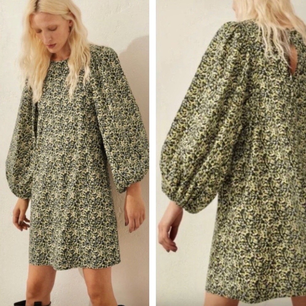H&M Women Sz M Black Floral Satin Long Puff Sleeve Tie Back Neck Shift Dress